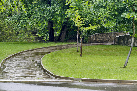 在Dupnitsa镇附近的里拉公园下雨后 在比斯特里察河上一条行人道路上的石桥背景