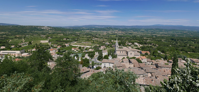 葡萄园间Vauluse ruussillon和bonnieux村薰衣草荒野天空洗礼全景帆布旅行旅游热气球赭石背景图片