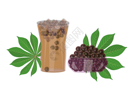 葡萄茶泡沫珍珠和木薯叶隔离在白色背景插画
