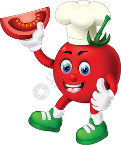 新鲜的乐趣幸福的有趣的红番茄戴白色厨师帽和绿色鞋子卡通用大拇指举起手和微笑插画