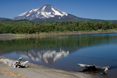 萨莱玛莱玛火山在康吉里奥湖上反射山脉首脑森林湿地林地树木火山会议顶峰木头背景