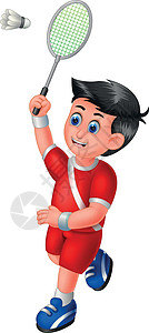 男子羽毛球英俊的羽毛球运动员男子穿着红色制服与球拍和羽毛球卡通插画