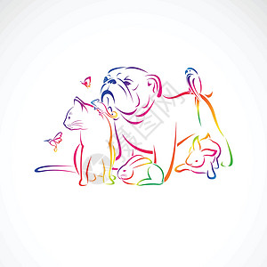 可爱斗牛犬向量组的宠物绘画蝴蝶卡通片猎犬插图标识小猫兔子犬类朋友设计图片