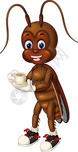 荒野茶滑稽的棕色蟑螂拿着白色杯子卡通插画