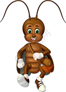 棕色行走的蟑螂穿棕色鞋子和白色手套与棕色包卡通图片