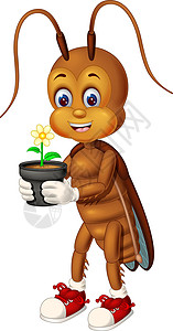 可爱的棕色蟑螂拿着黄色向日葵在盆栽卡通图片