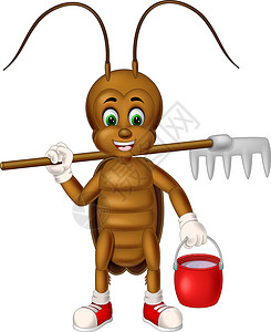 端着水桶蚂蚁棕色蟑螂拿着地面叉子和一个红色的水桶卡通插画