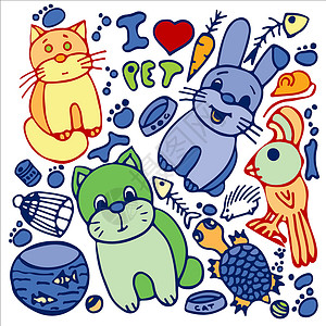 哈咪猫我爱祖国五颜六色的家养动物 矢量可爱插画插画