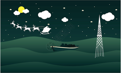 雪橇板圣诞老人的车辆正驶过船帆天空雪橇房子古董剪贴驾驶插图蓝色绘画运输背景
