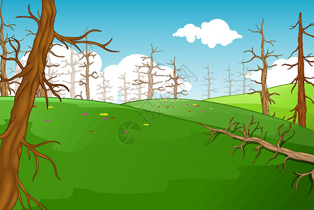 景观草地景观与枯树卡通背景图片