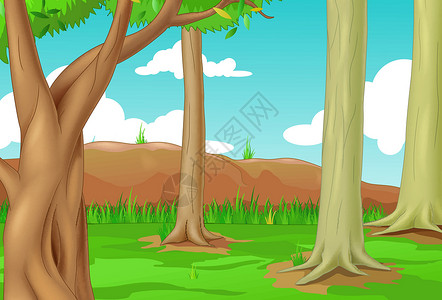 森林景观与树木卡通雨林卡通片木头乐趣植物丛林人物热带蓝色岩石背景图片