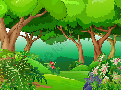 森林景观与草地山丘和树木卡通漫画场地快乐吉祥物叶子雨林植物爬坡丛林岩石背景图片