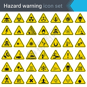 致癌物质黄色三角形上的危险警告标志 一组警告危险的标志  42 个高质量的危险符号和元素 危险图标 矢量图插画