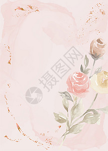 矢量柔和的粉红色背景与绘制的玫瑰花金子框架水彩坡度生日绘画边界卡片粉色刷子背景图片