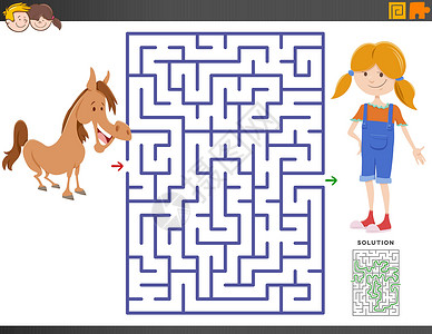 女孩和马与卡通女孩和 pon 的迷宫游戏设计图片