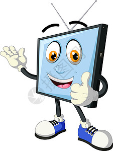 有趣的现代 LCD LED 平板电视戴白色手套和蓝色鞋子 手拇指向上卡通背景图片