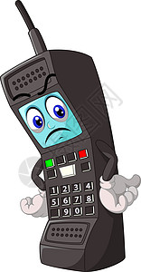 黑色旧手机戴白手套与愤怒的脸卡通背景图片