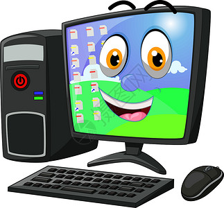 PC桌面有趣的黑色传统台式电脑 Pc 卡通插画