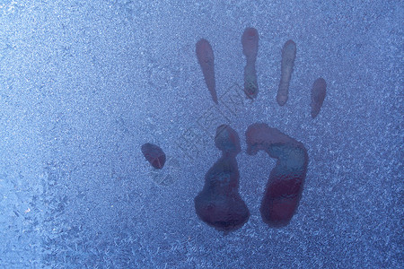 湿清霜手印打印蓝色磨砂水晶温度白色烙印痕迹玻璃季节手指背景