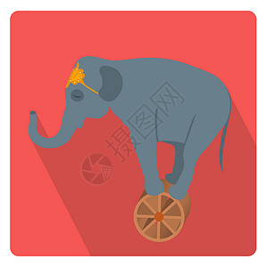 大象与样式马戏团大象在车轮图标平面样式与长长的阴影隔离在白色背景 插图背景