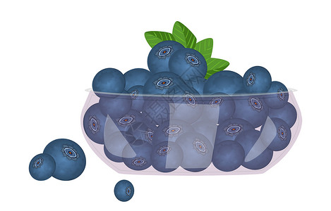 蓝色碗在白色背景上孤立的玻璃碗中的蓝莓生物早餐水果插图食物书房小吃盘子团体花园插画