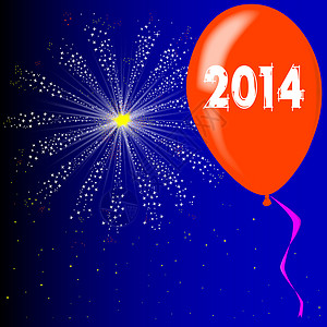 2014新年快乐气球绘画焰火插图艺术品卡片标签派对红色展示背景图片