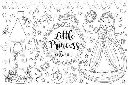 美丽的插图花可爱的小公主长发公主为孩子们设置了着色书页 设计元素素描风格的集合 孩子们婴儿剪贴画有趣的微笑套件 插画背景