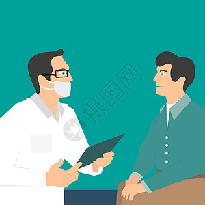 医院预约医生戴面罩 手里拿着一个文件夹 病人在医生预约时从业者医院男人面具文档卡通片专家腹部流感怀孕插画