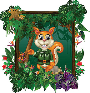 孩子们的框架可爱的小松鼠与热带常春藤植物里面的方木框架卡通插画