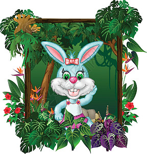 兔子套装可爱的小兔子在热带森林与常春藤植物和方木框架卡通插画