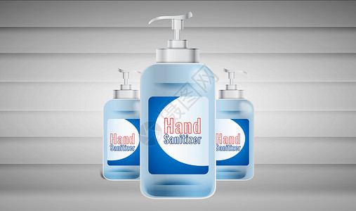 木制背景上洗手液瓶的模拟插图化妆品标签洗剂消毒剂蓝色用品洗漱货机品牌皮肤插画