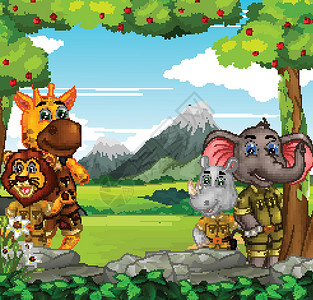 铭沙山大象犀牛长颈鹿和狮子在草地与苹果树白花沙山卡通插画