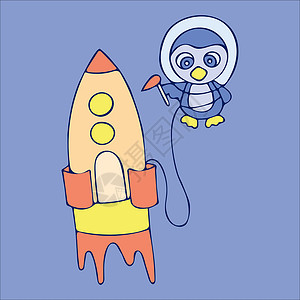 会画画的企鹅带有火箭涂鸦素描的彩色企鹅 手绘孤立插图 设计 T 恤打印游戏和应用程序的插图设计图片