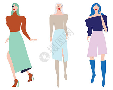 女款羊绒衫一组女性街头风格人物集合 女款套装 女长裙配高跟鞋造型快乐化身女士打印魅力博主化妆品男人生活方式插画