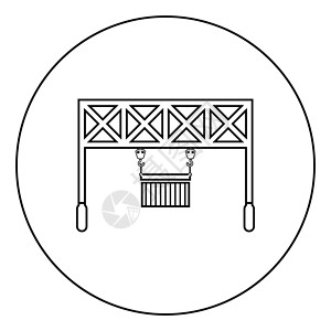 港口图标港口装载机铁路起重机与货物集装箱起重货物物流技术终端服务图标在圆形轮廓黑色矢量插图平面样式图像插画