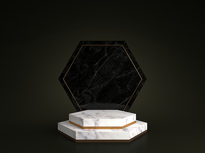 孤立的纪念板黑色背景上孤立的白色大理石基座的 3d 渲染六边形金框纪念板六边形台阶抽象最小概念空白空间干净设计奢华简约模型推介会插图石头讲台背景