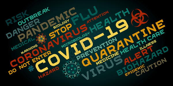 健康的字素材深色背景中的 Covid19 字标签云排版警告生物散列注意力疾病微生物井号感染预防拼贴画插画