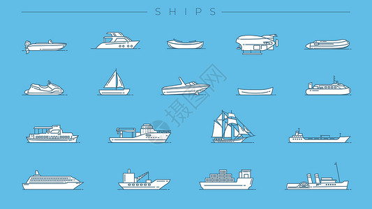 小型软皮艇船舶概念线样式矢量图标集旅行航程信息衬垫历史海洋游艇巡航乘客摩托车设计图片