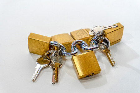 配有钢钥匙的小铜锁背景图片