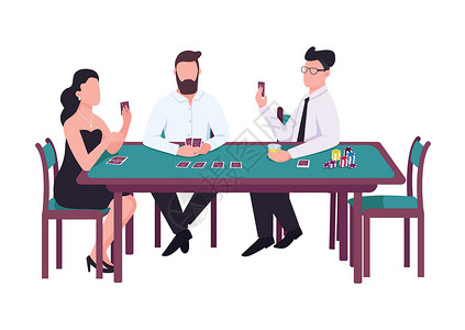 扑克脸赌徒平面颜色矢量不露面的字符 女人看看卡片 男子控股甲板 有筹码堆的男性球员 与对手赌一把 三个人坐在赌场孤立的卡通它制作图案插画