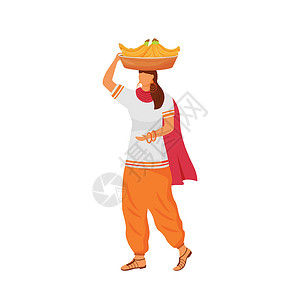 60多岁成人印度妇女与香蕉平面颜色矢量不露面的角色 女孩背着篮子在与异国情调的水果孤立的卡通插图网页图形设计和动画插画