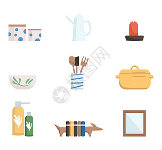 家居饰品平面颜色矢量对象集 白色背景上的国内物品 2D 孤立卡通插图 厨房用具相框蜡烛皂液器和书架插画