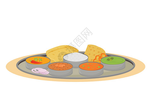 大饼塔利卡通矢量图 印度传统餐具盘 餐盘颜色扁平 餐厅食物部分托盘与美食隔离在白色背景插画