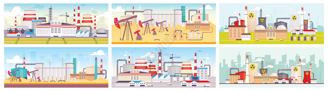 工业场地平面彩色矢量插图集 炼油厂 核电站和制造厂 2D 卡通风景 自然资源开采和开采设施背景图片