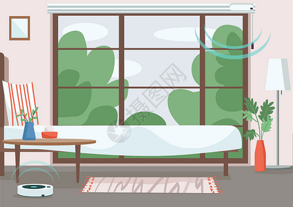 智能窗帘现代公寓平面彩色矢量图 带自动百叶窗和真空吸尘器的空房间 物联网技术 卧室 2D 卡通内饰与背景上的智能设备插画