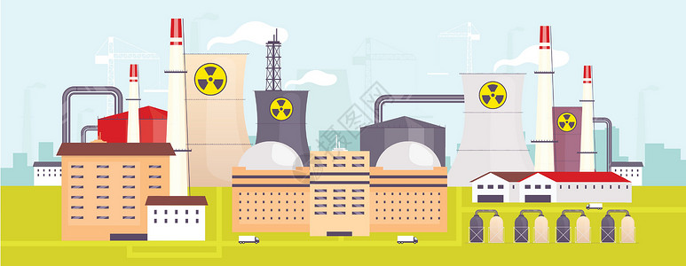 核电站平面彩色矢量图 背景为原子反应堆的工业设施 2D 卡通景观 能源制造站电力生产工厂全景背景图片