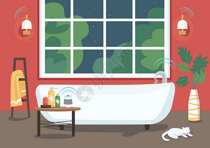 智能浴室智能浴缸平面彩色矢量插图 远程水流控制 自动浴灯和扬声器 方便的技术 现代公寓 2D 卡通内饰 背景为浴室插画