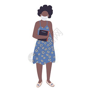 拿着新春快乐贺联的旗袍女子戴着医用面具的年轻女子平面彩色矢量不露面人物 非洲裔美国女学生拿着书籍孤立的卡通插图 用于网页图形设计和动画 疫情教育设计图片