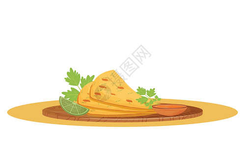 大饼和蘸酱Naan 面包卡通矢量图 在木板平面颜色物体上供应传统的印度大饼和酱汁 孤立在白色背景上的餐厅食品脆皮面包店插画