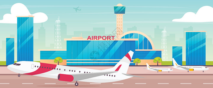 机场控制塔机场平面彩色矢量图 带离港飞机的跑道 2D 卡通景观 背景是控制塔 国际航空运输业务 民用航空业插画